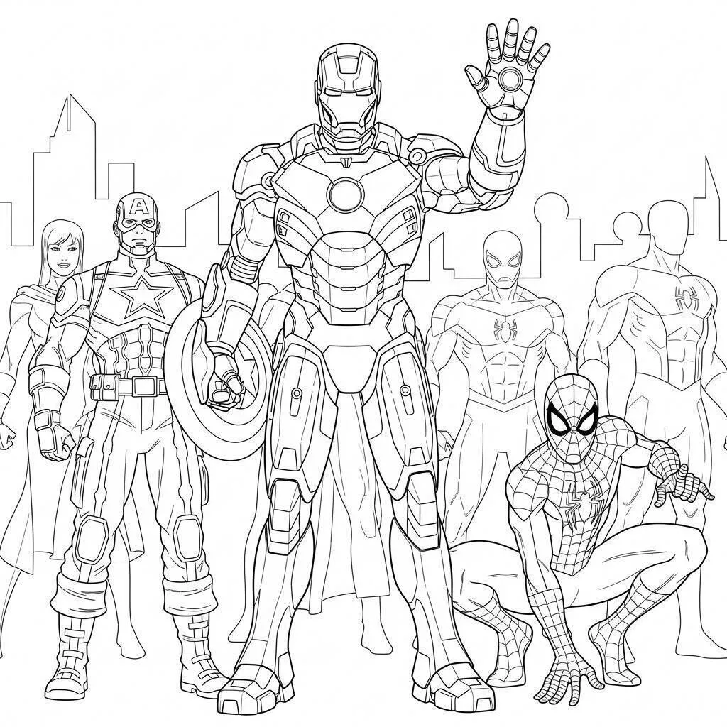 Desenho de Homem de Ferro com Super Heróis para Colorir