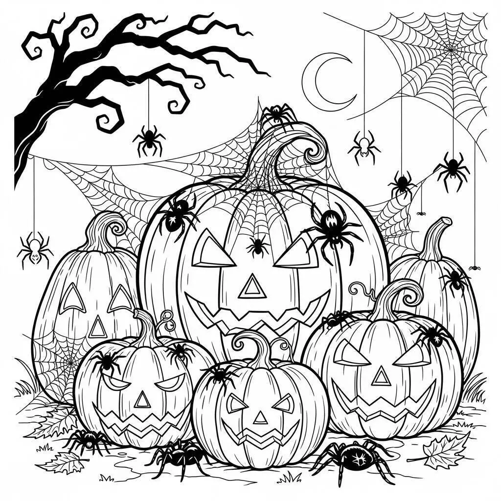 Coloriage d'Halloween avec des citrouilles et des araignées