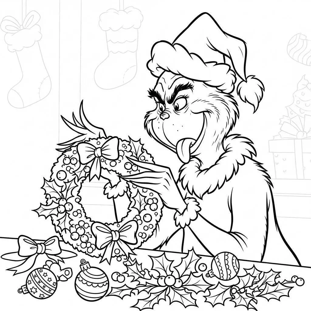 Grinch Decorating a Wreath Coloring Page