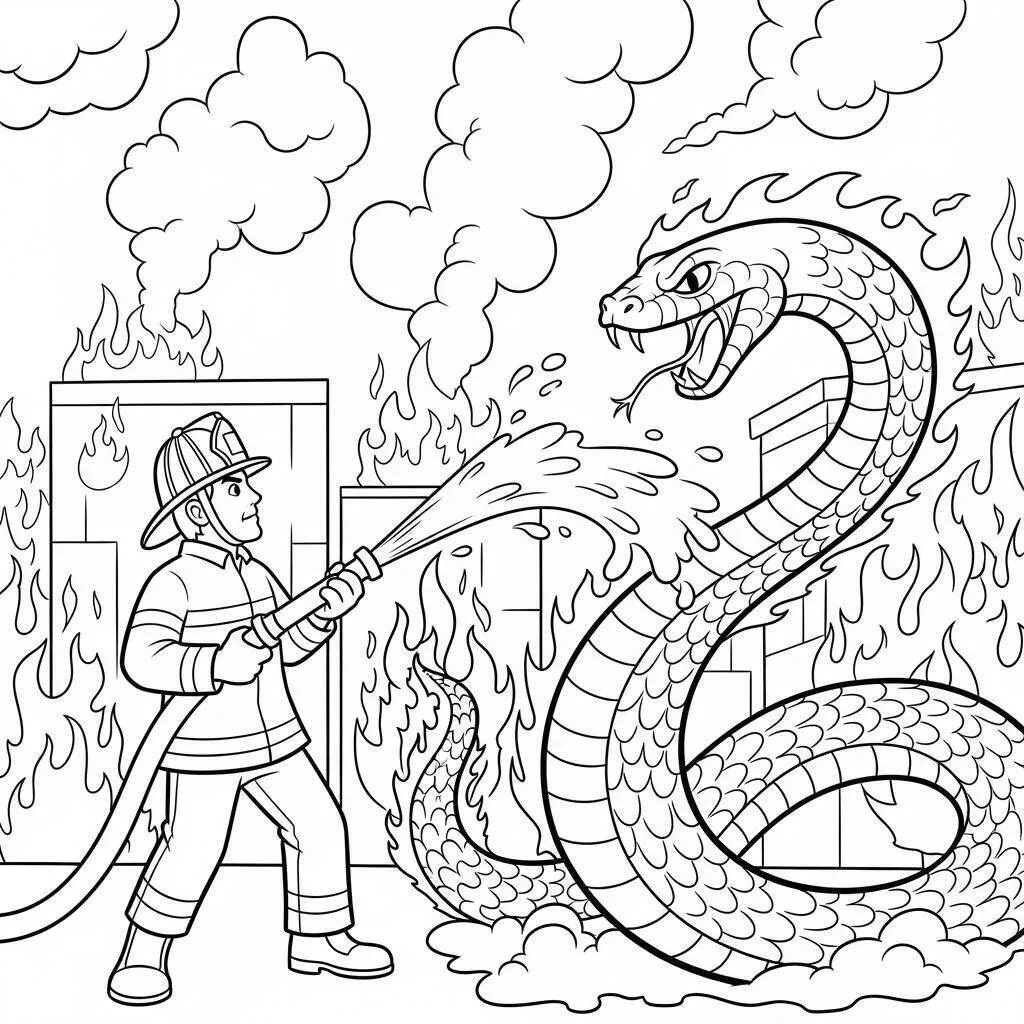 Desenho de Bombeiro Enfrentando uma Serpente em Chamas para Colorir