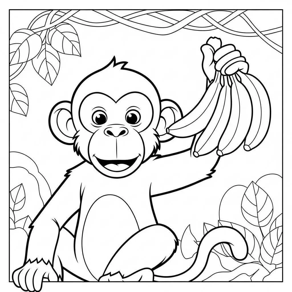 Desenho de Macaco Feliz com Bananas para Colorir