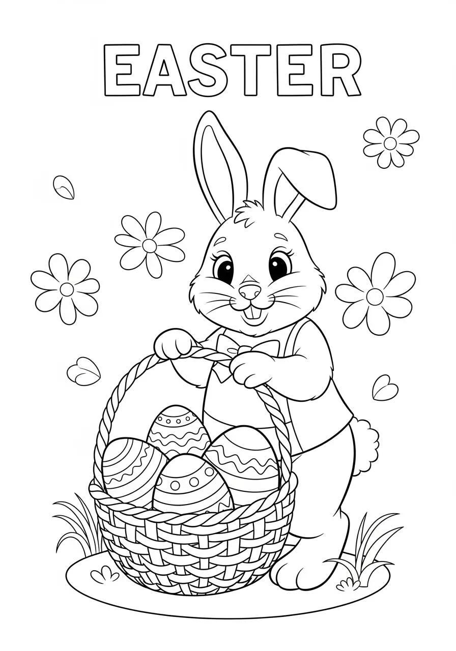 Desenho de Páscoa com Coelhinho e Cesto de Ovos Coloridos para Colorir