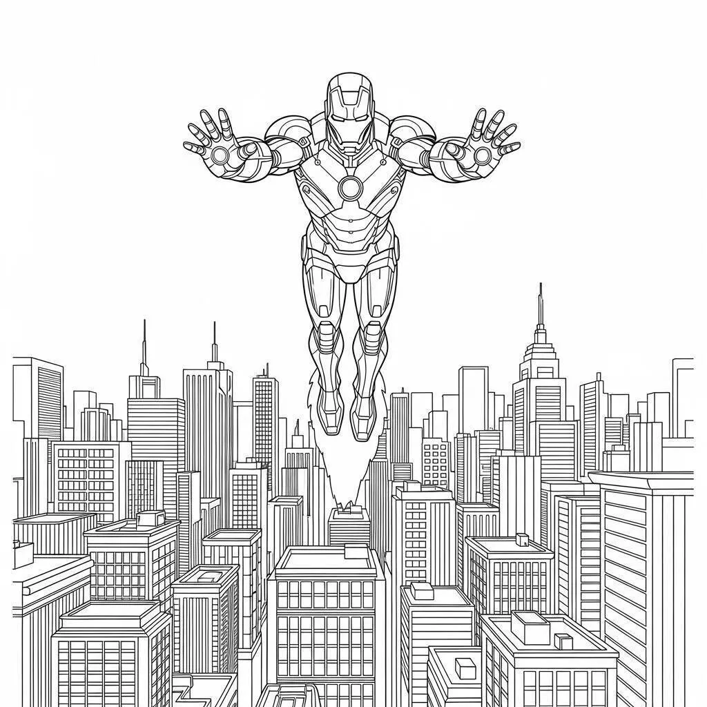 Desenho de Homem de Ferro Voando Sobre a Cidade para Colorir