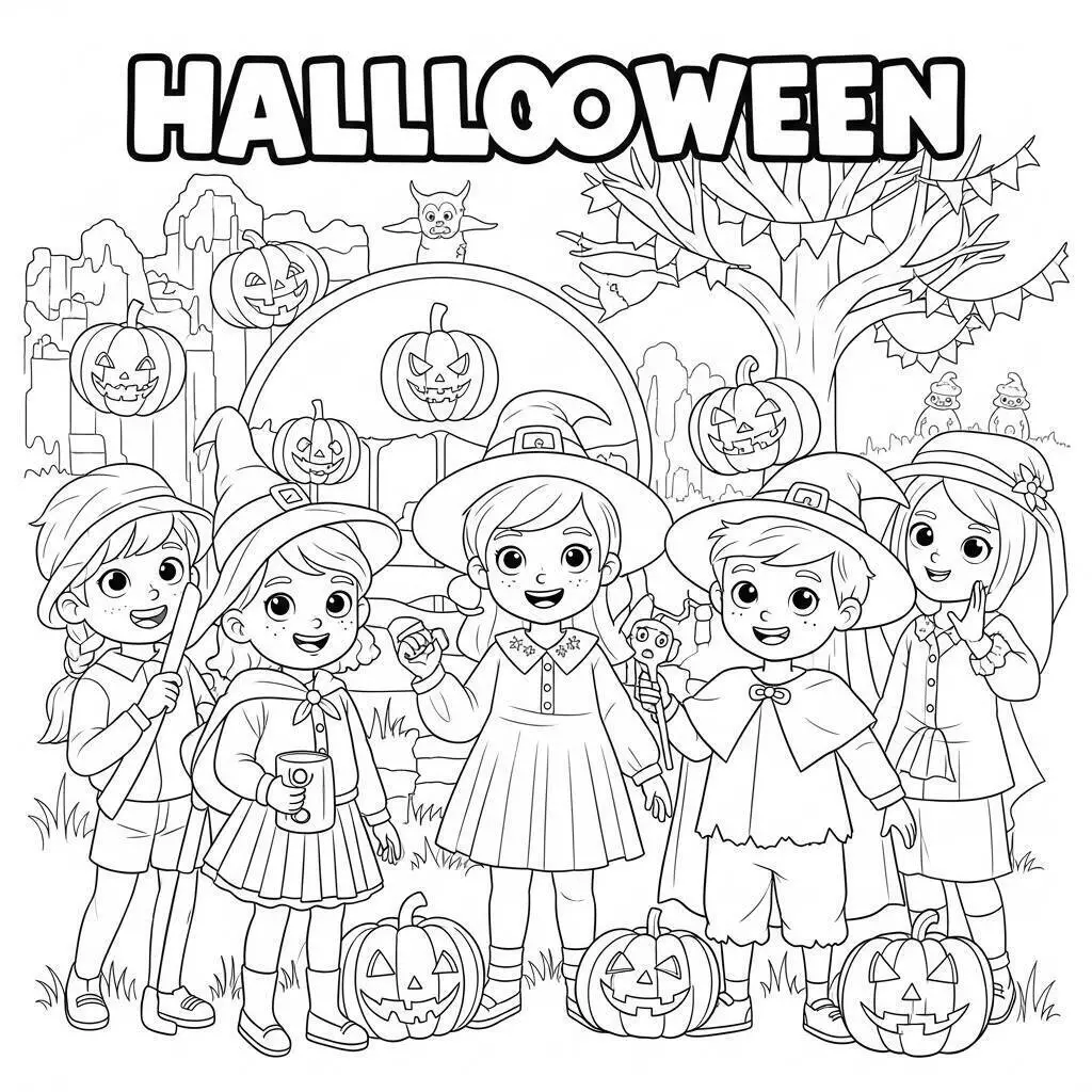 Dibujo de Víspera de Todos los Santos con Niños Disfrazados y Calabazas para Colorear