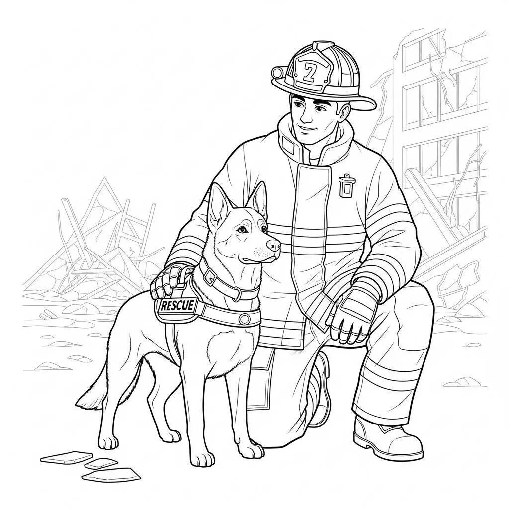 Desenho de Bombeiro com Cão de Resgate para Colorir
