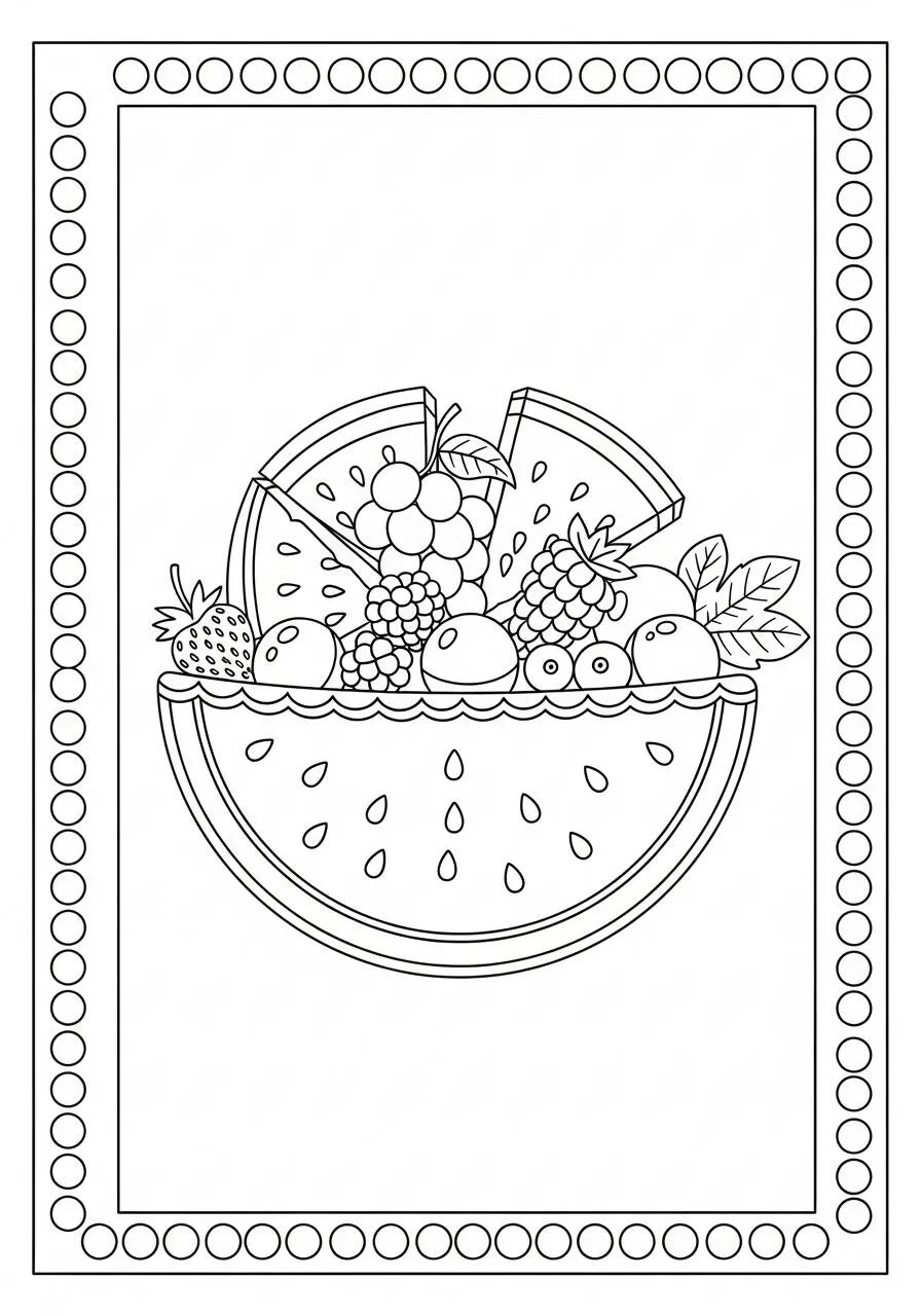 Desenho de Melancia com Frutas Variadas para Colorir