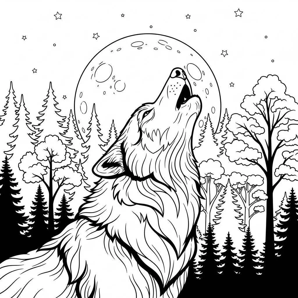 Desenho de Halloween com Lobo Uivando à Lua Cheia para Colorir