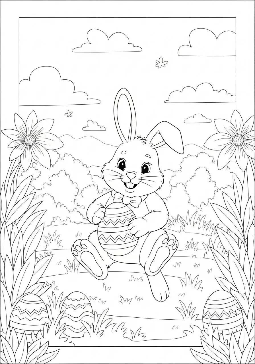 Desenho de Páscoa com Coelho e Ovos Decorados para Colorir