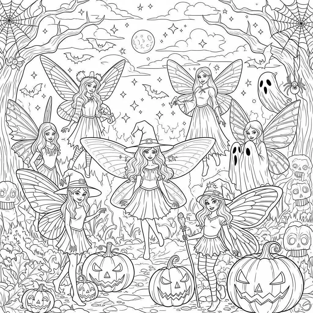 Desenho de Halloween com Fadas e Abóboras para Colorir