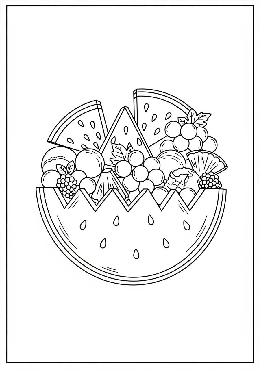 Desenho de Melancia com Frutas Variadas para Colorir