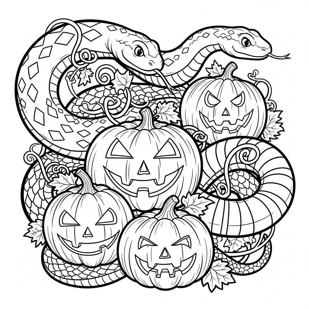 Desenho de Halloween com Abóboras e Cobra para Colorir