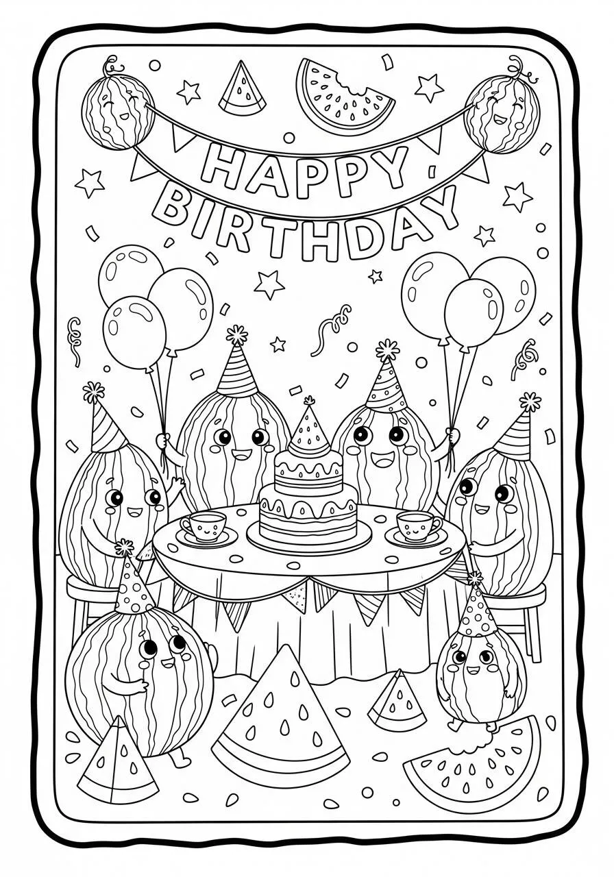 Desenho de Festa de Aniversário com Melancias para Colorir