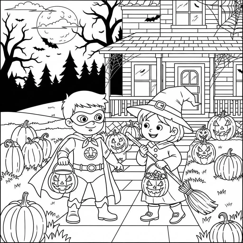 Desenho de Halloween com Crianças Fantasiadas e Abóboras para Colorir