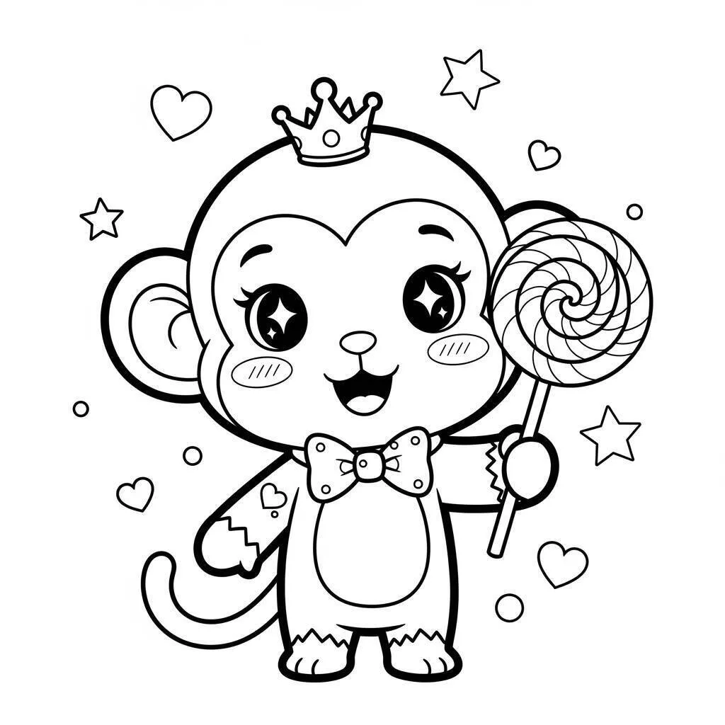 Desenho de Macaco Fofo com Pirulito para Colorir