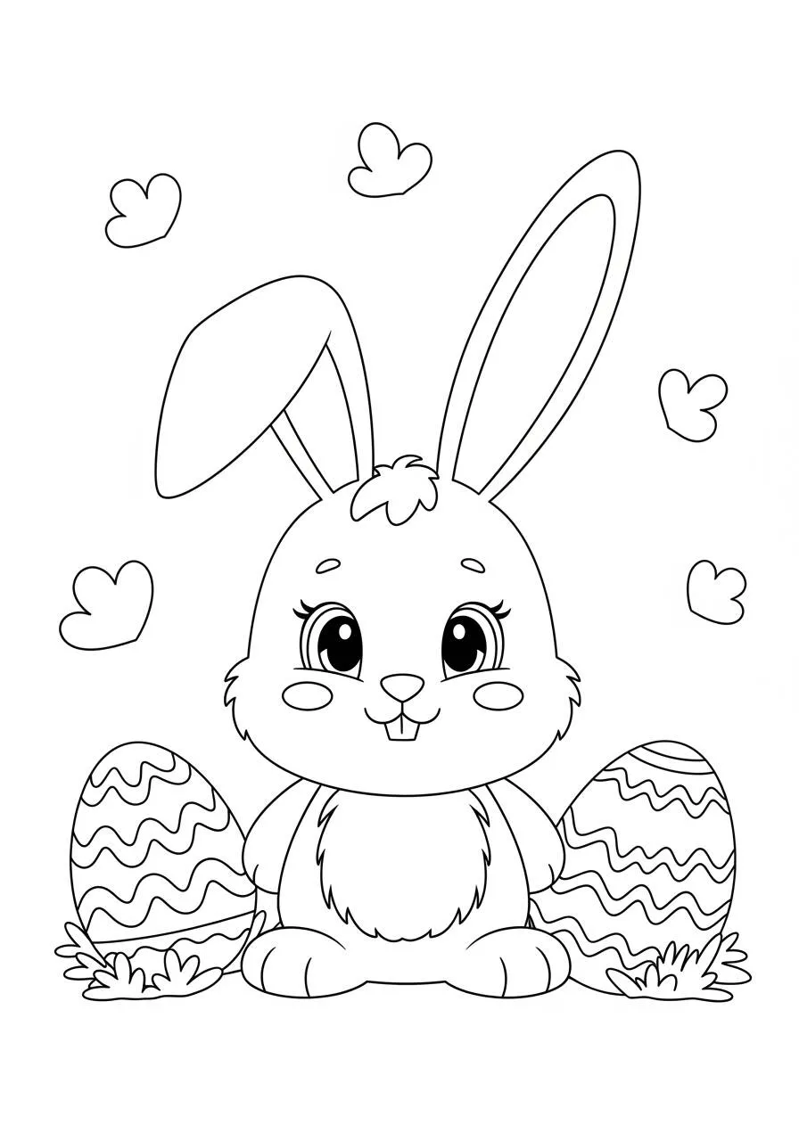 Easter Drawing with Bunny and Decorated Eggs to Color