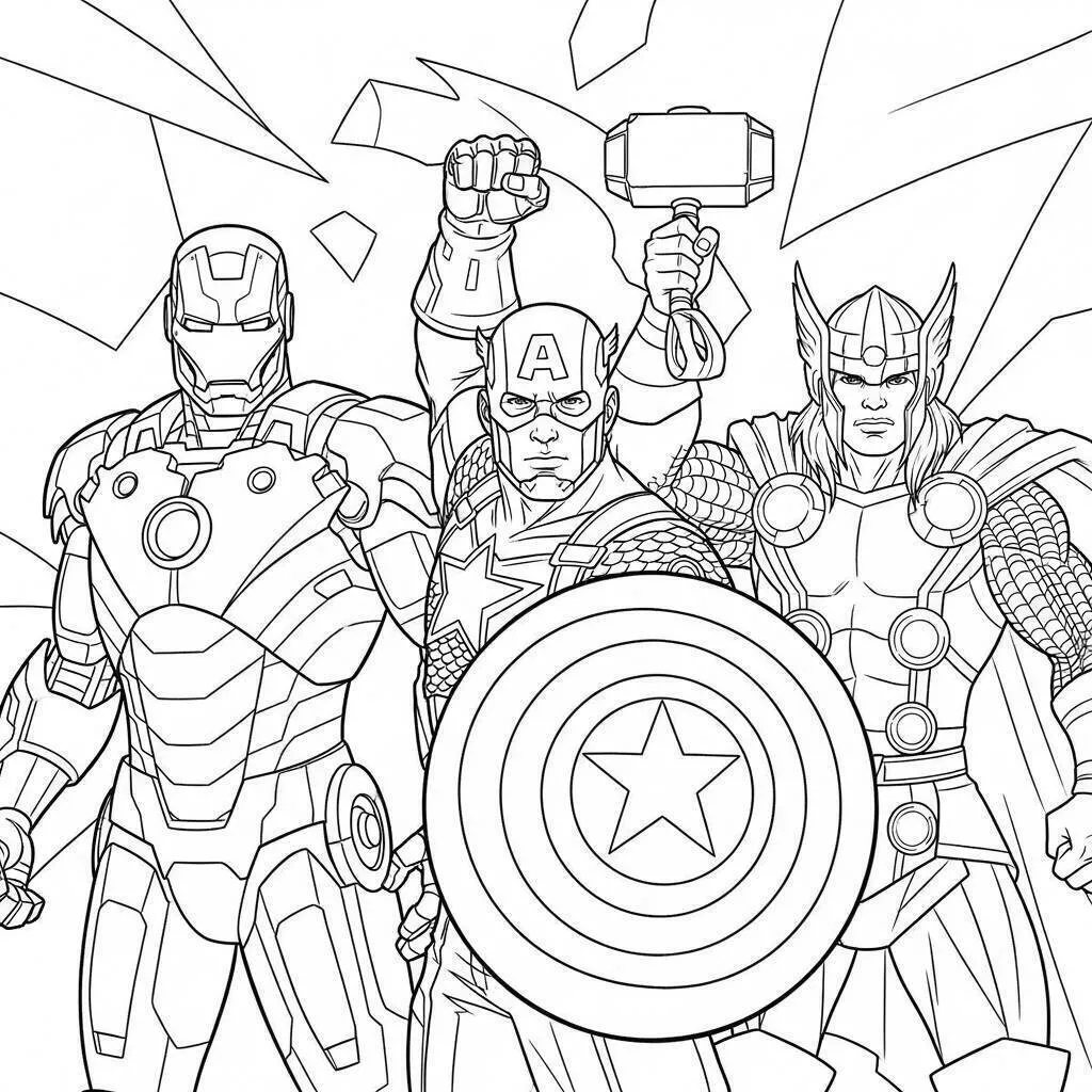 Desenho de Homem de Ferro com Capitão América e Thor para Colorir