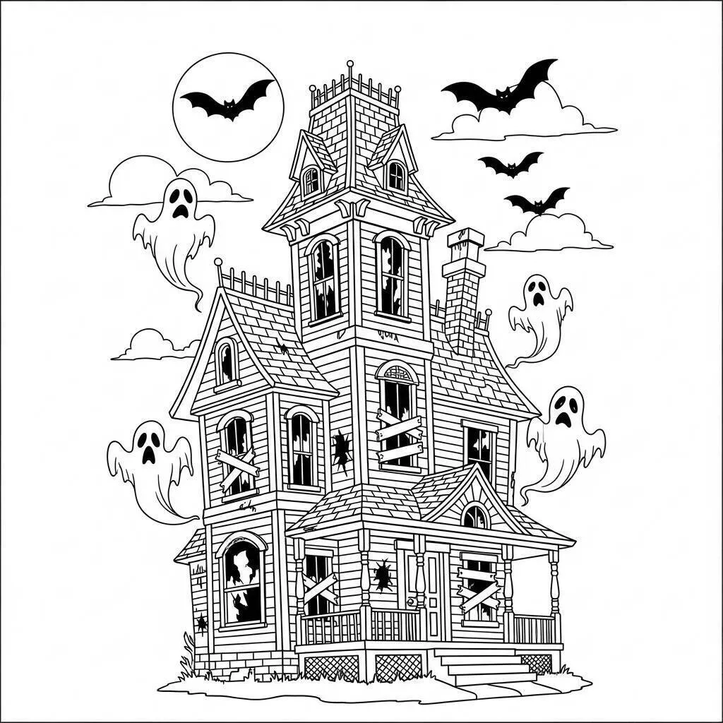 Desenho de Halloween com Casa Assombrada e Fantasmas para Colorir