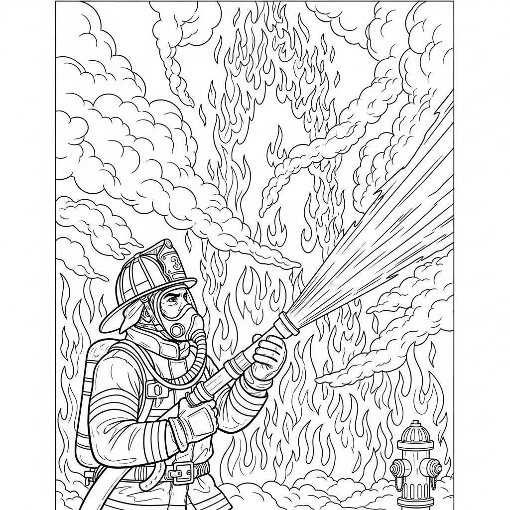 Desenho de Bombeiro Combatendo Incêndio para Colorir