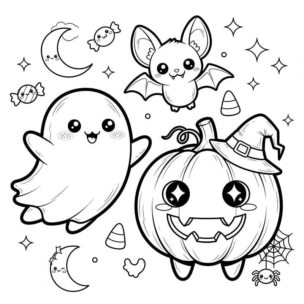 Desenho de Halloween com Fantasminha, Morcego e Abóbora para Colorir