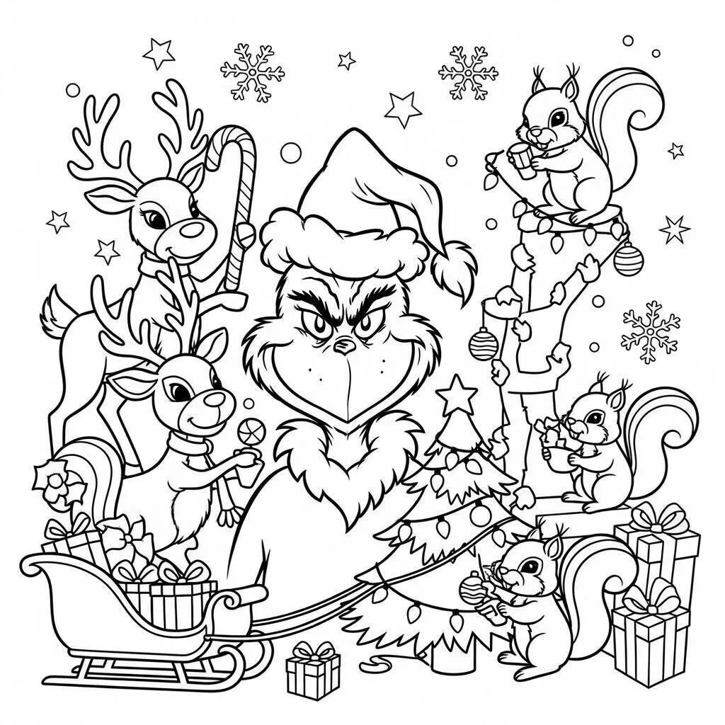 Desenho do Grinch com Rena e Esquilos para Colorir