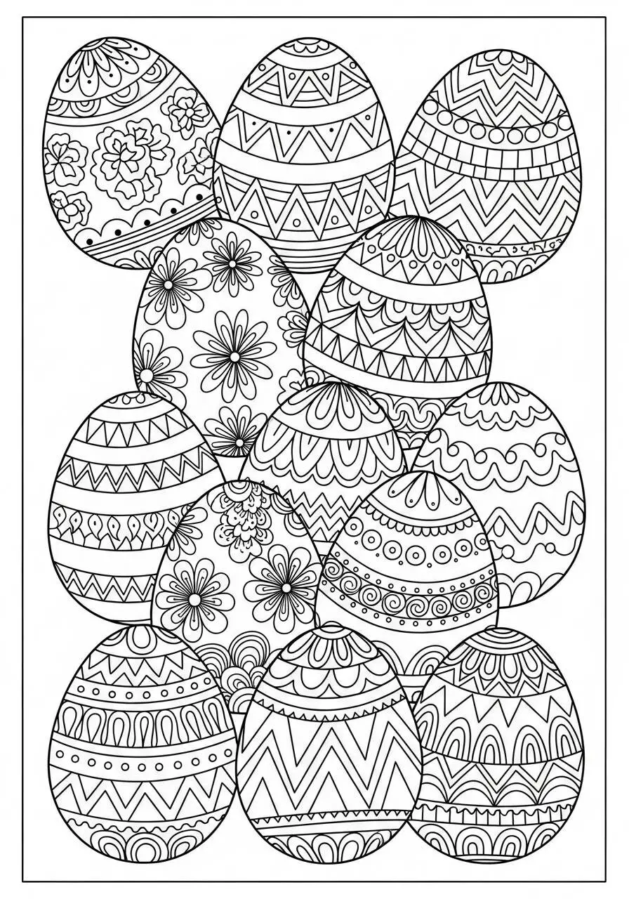 Easter Drawing with Decorated Eggs to Color