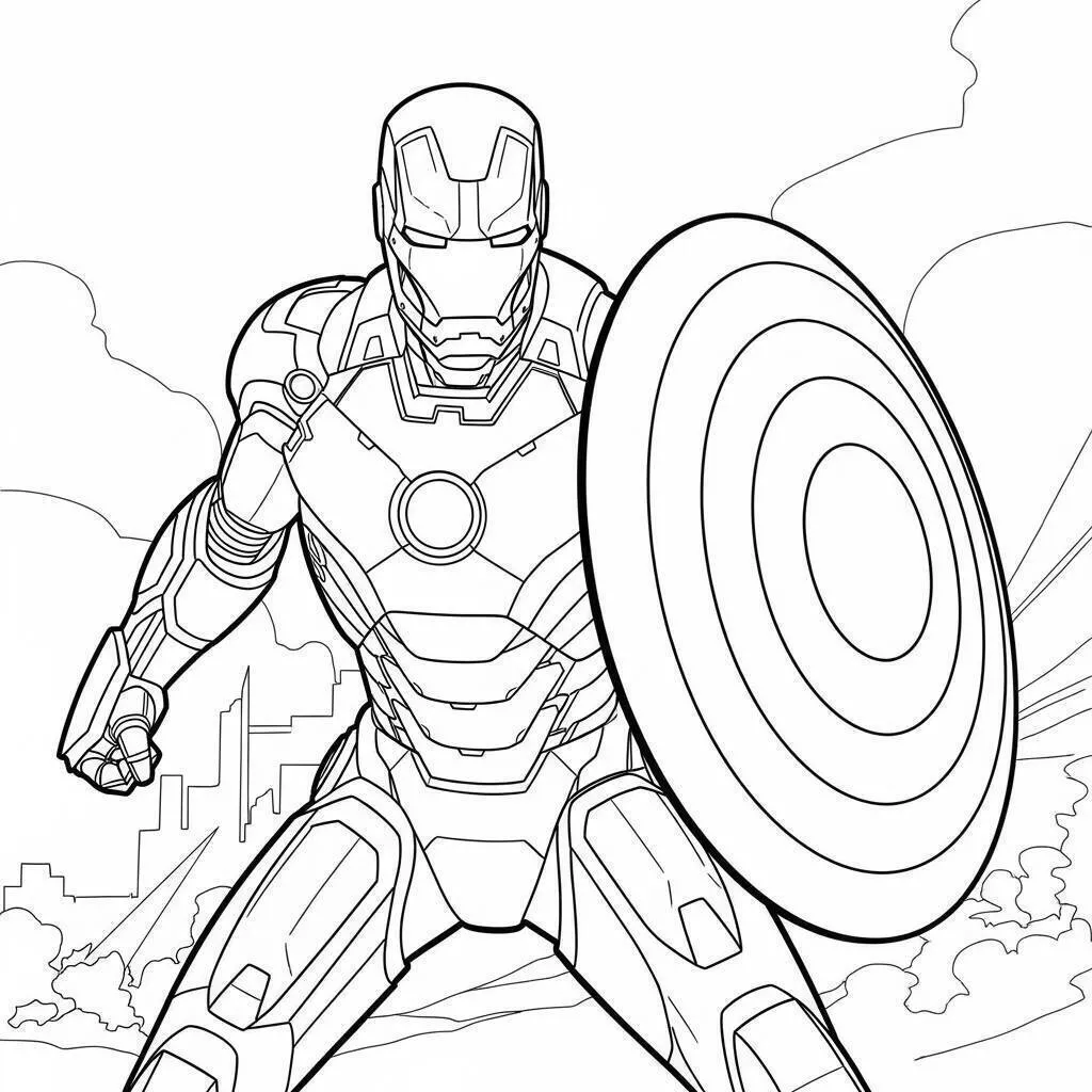Desenho de Homem de Ferro com Escudo para Colorir