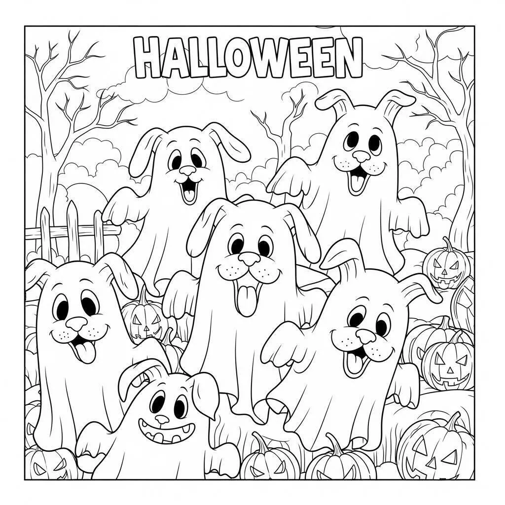 Desenho de Halloween com Cães Fantasmas para Colorir