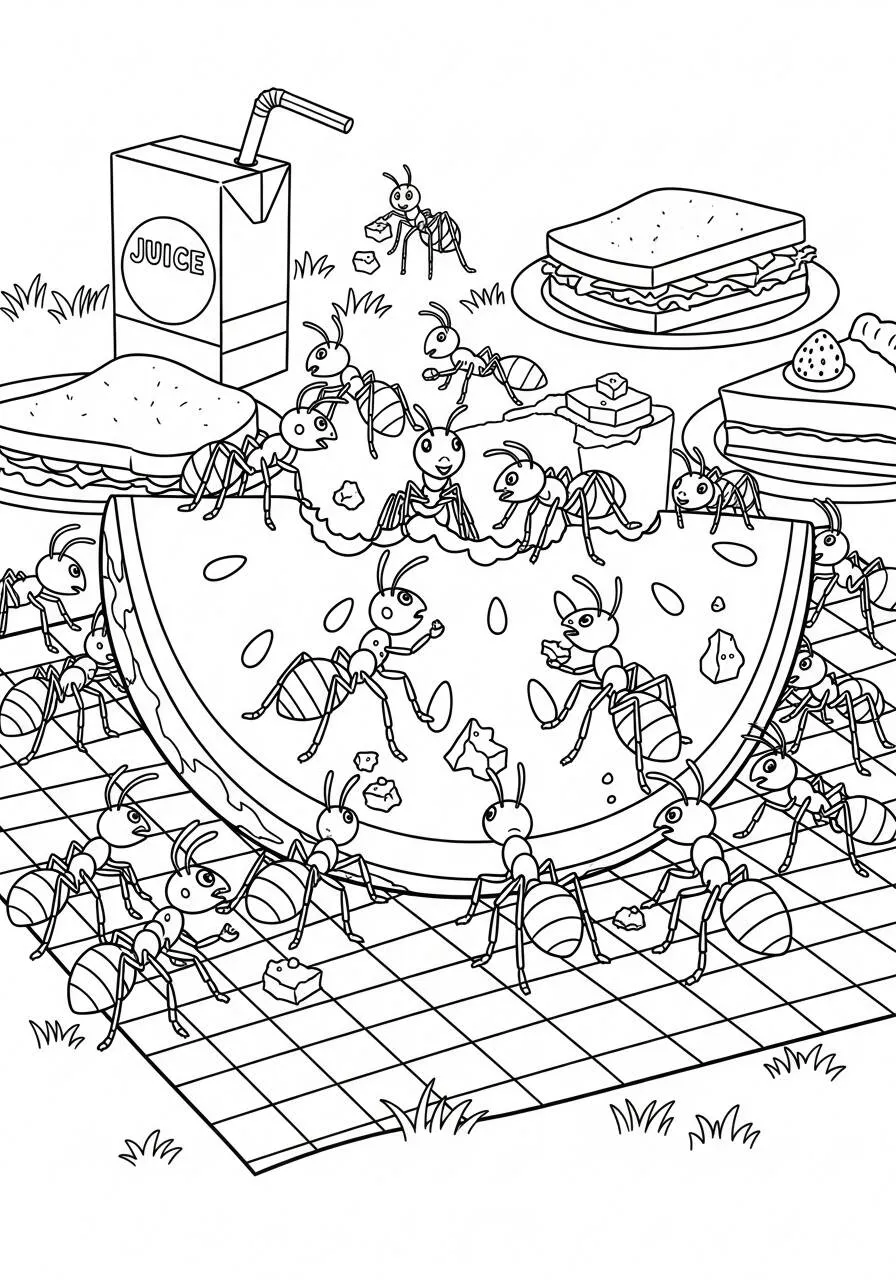 Desenho de Melancia com Formigas e Lanches para Colorir