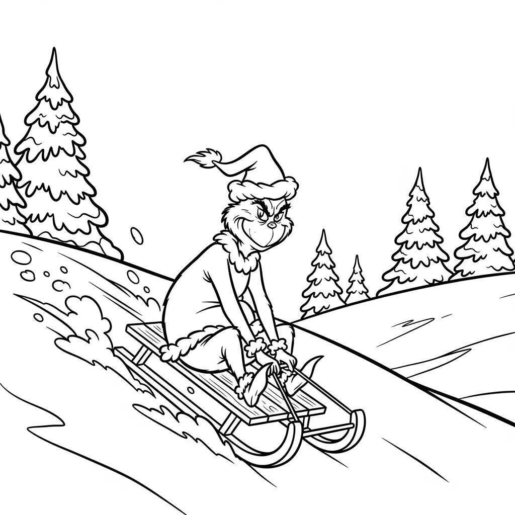 Desenho do Grinch Deslizando de Trenó para Colorir