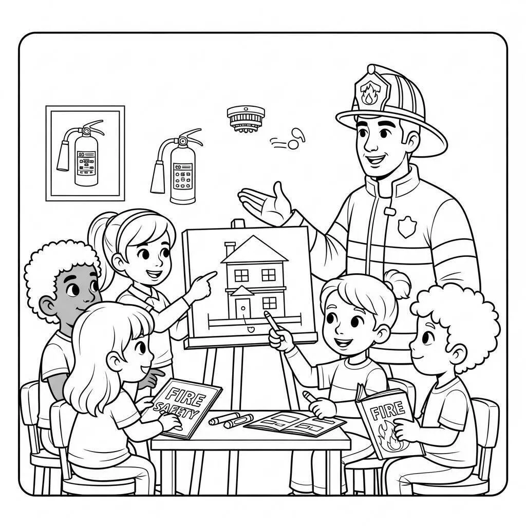 Desenho de Bombeiro Ensinando Segurança Contra Incêndios para Colorir
