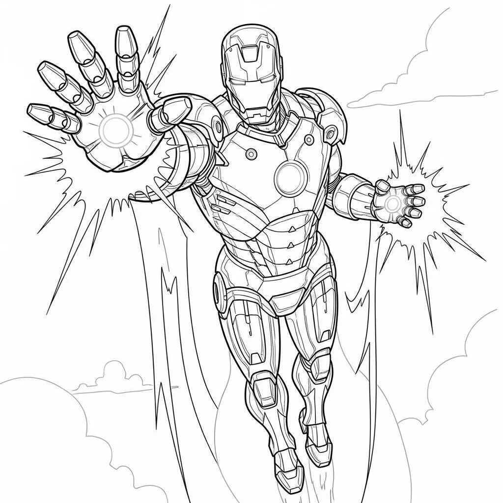 Desenho de Homem de Ferro em Ação com Efeitos Especiais para Colorir