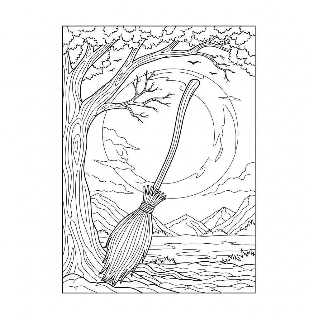 Dibujo para colorear de Víspera de Todos los Santos con escoba y luna llena