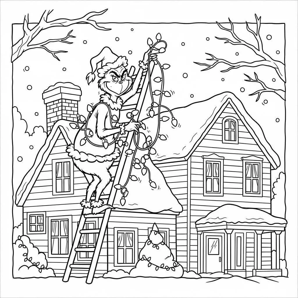 Desenho do Grinch Decorando a Casa para Colorir