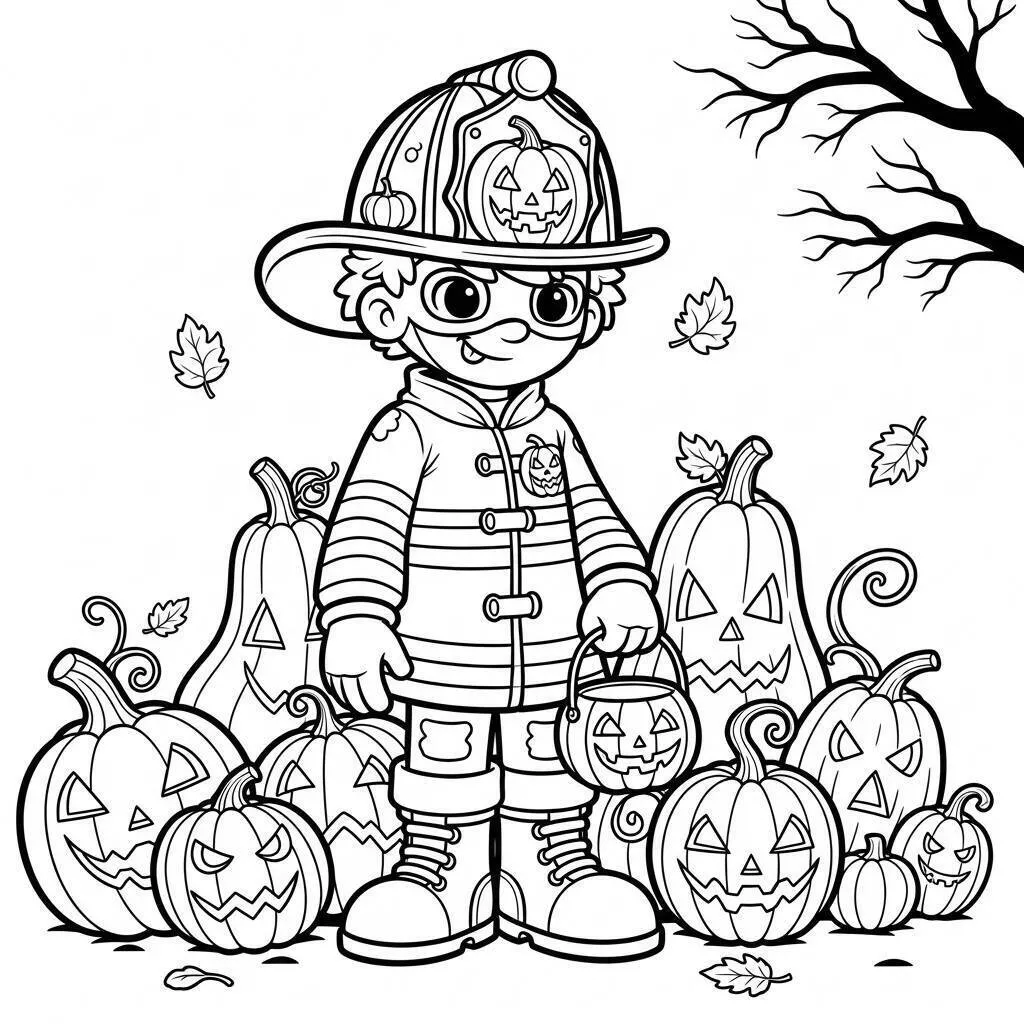 Desenho de Bombeiro Fantasioso com Abóboras para Colorir