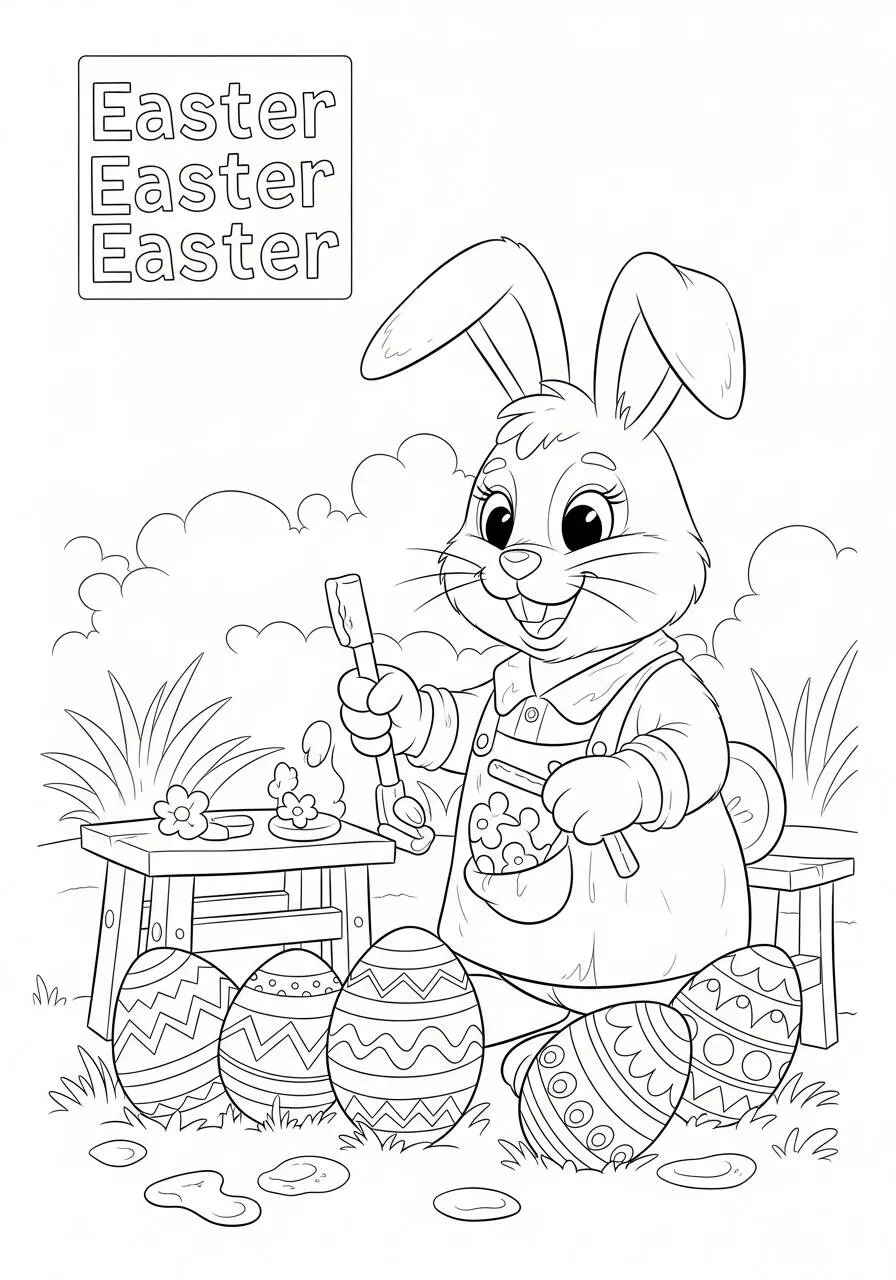 Easter Drawing with Bunny Coloring Decorated Eggs to Color