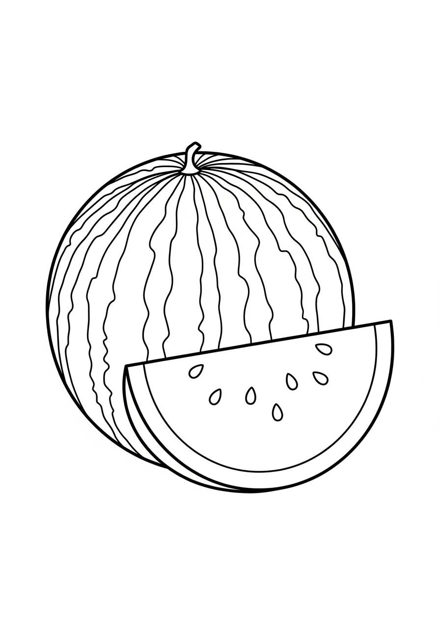 Desenho de Melancia com Fatia Cortada para Colorir