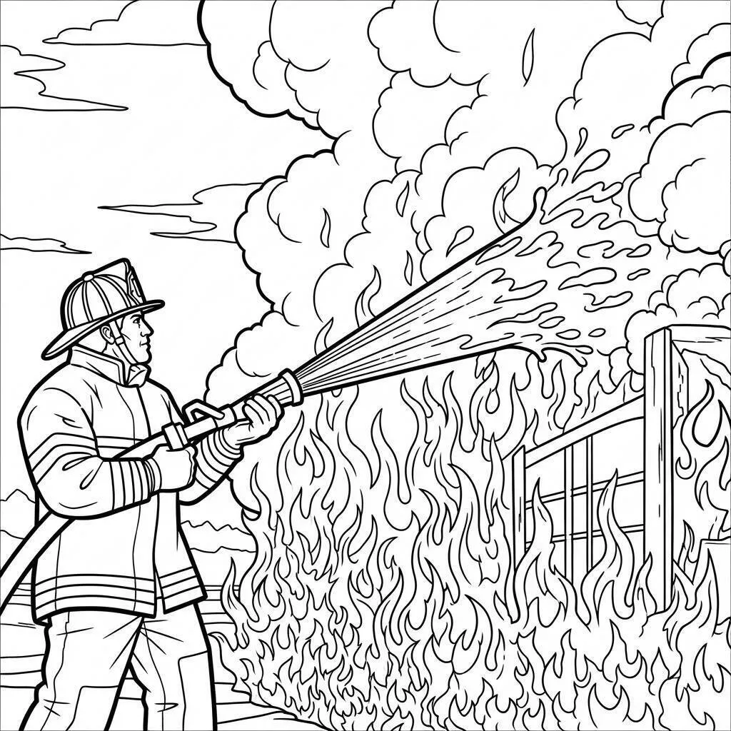 Desenho de Bombeiro Combatendo Incêndio para Colorir