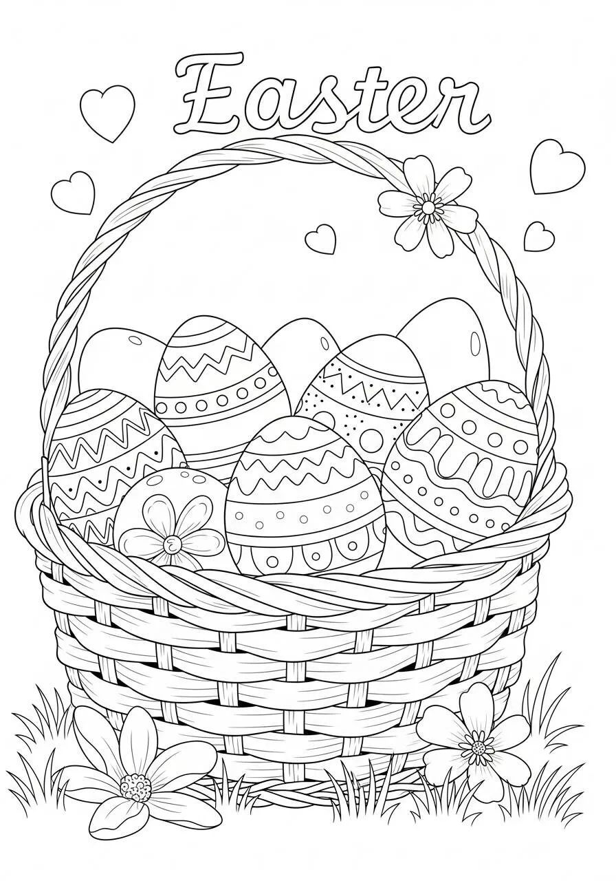 Desenho de Páscoa com Cesto de Ovos Decorados para Colorir