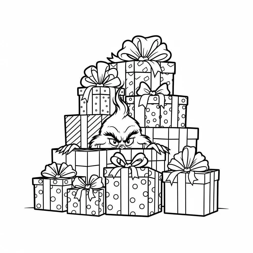 Desenho do Grinch Escondido Atrás de Presentes para Colorir