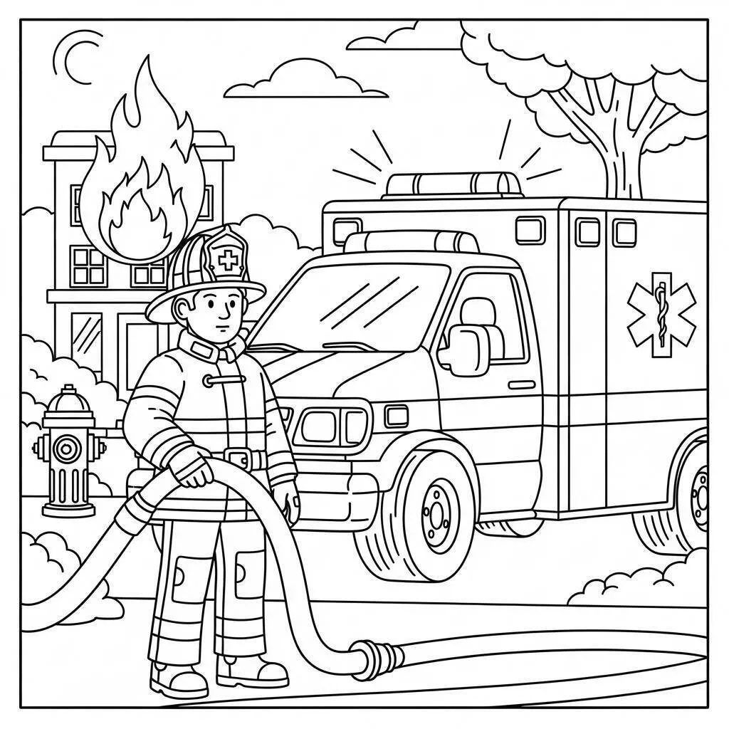 Desenho de Bombeiro com Ambulância e Incêndio para Colorir