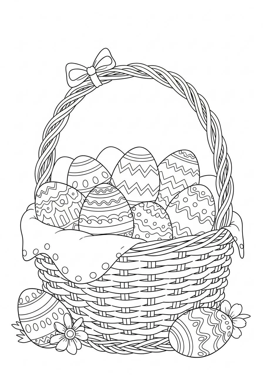 Desenho de Páscoa com Cesto de Ovos Decorados para Colorir
