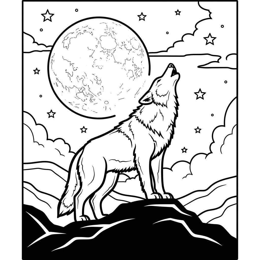 Página para colorear de Víspera de Todos los Santos con lobo aullando a la luna llena