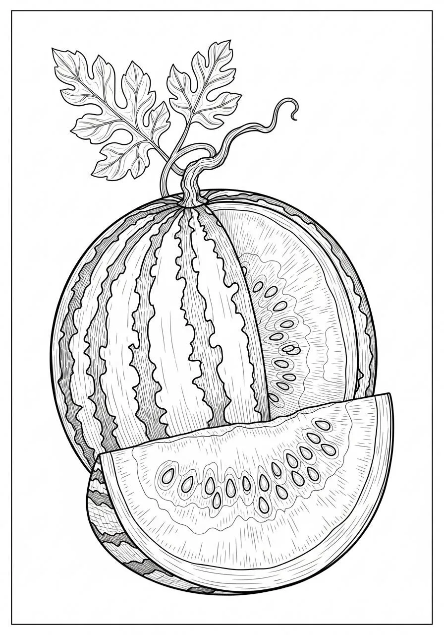 Desenho de Melancia com Fatia Cortada para Colorir