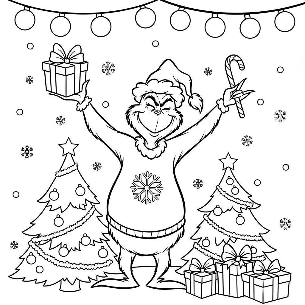 Desenho do Grinch com Presentes e Árvore de Natal para Colorir