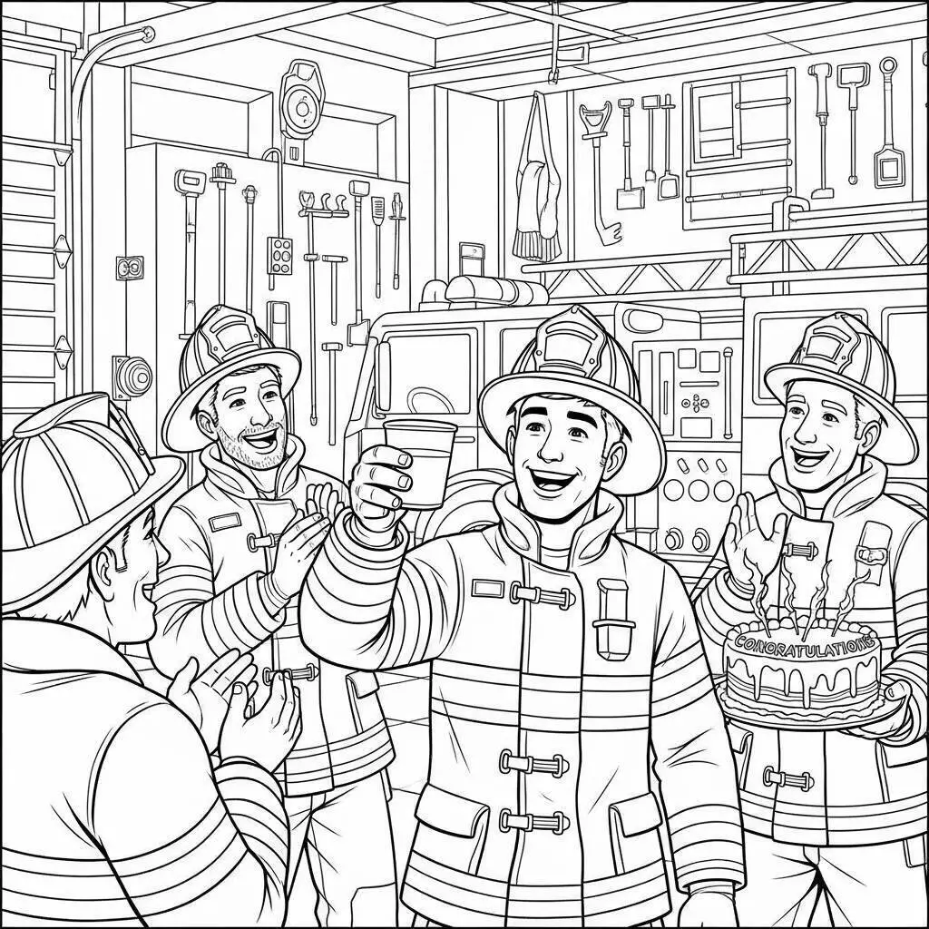 Desenho de Bombeiros Celebrando com Bolo para Colorir