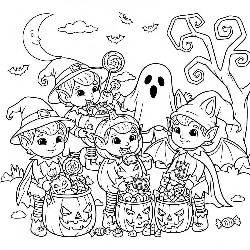 Dibujo de Víspera de Todos los Santos con Niños Disfrazados y Dulces para Colorear