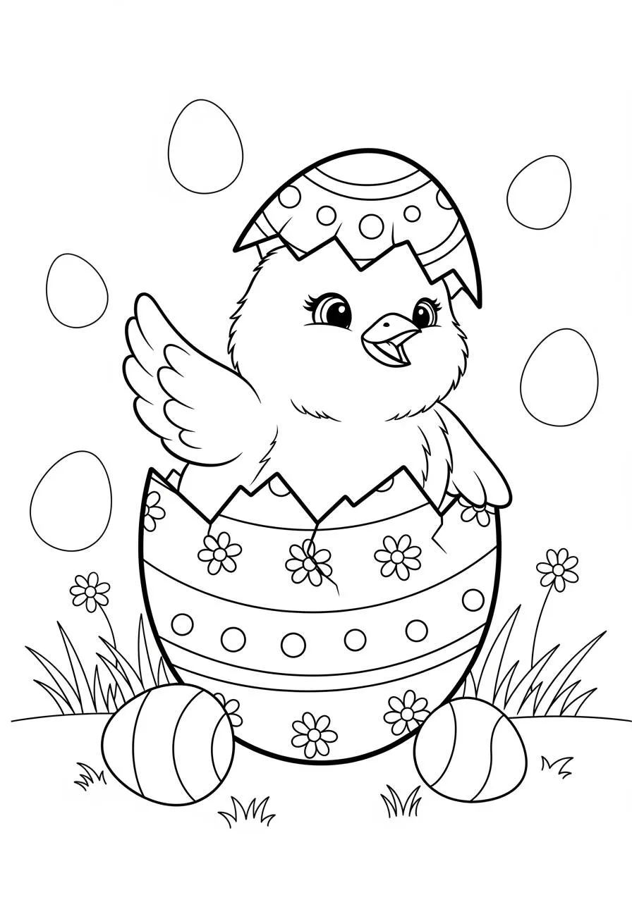Desenho de Páscoa com Pintinho Saindo do Ovo para Colorir