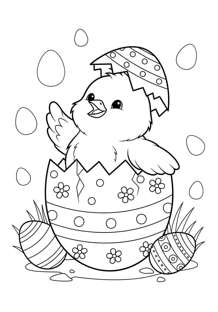 Desenho de Páscoa com Pintinho e Ovo Decorado para Colorir