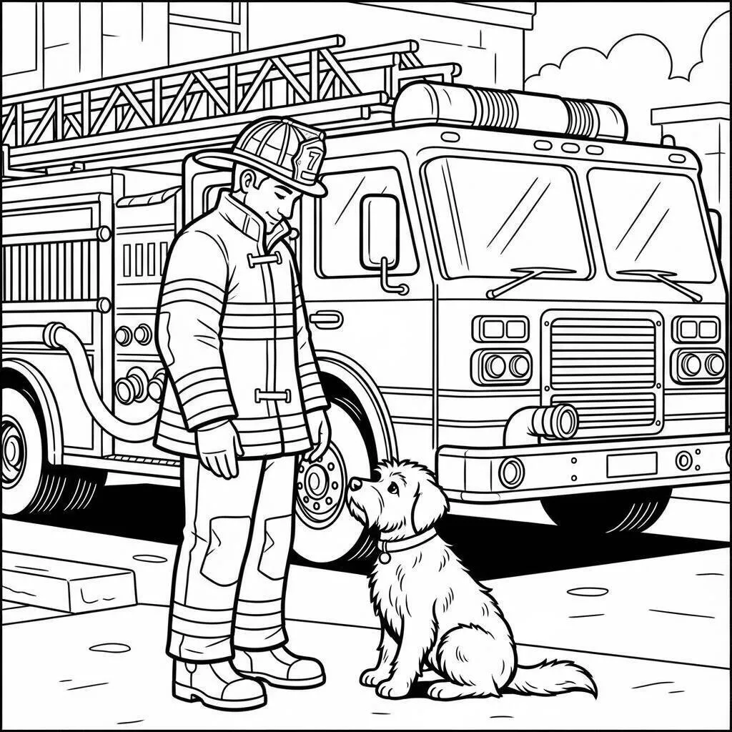 Desenho de Bombeiro com Cachorro e Caminhão para Colorir