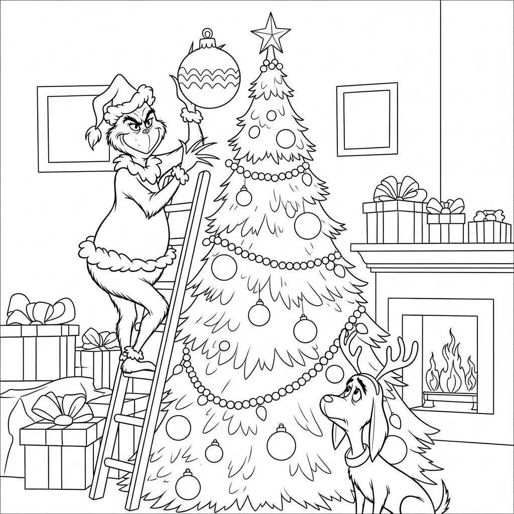 Desenho de Grinch Decorando a Árvore de Natal para Colorir